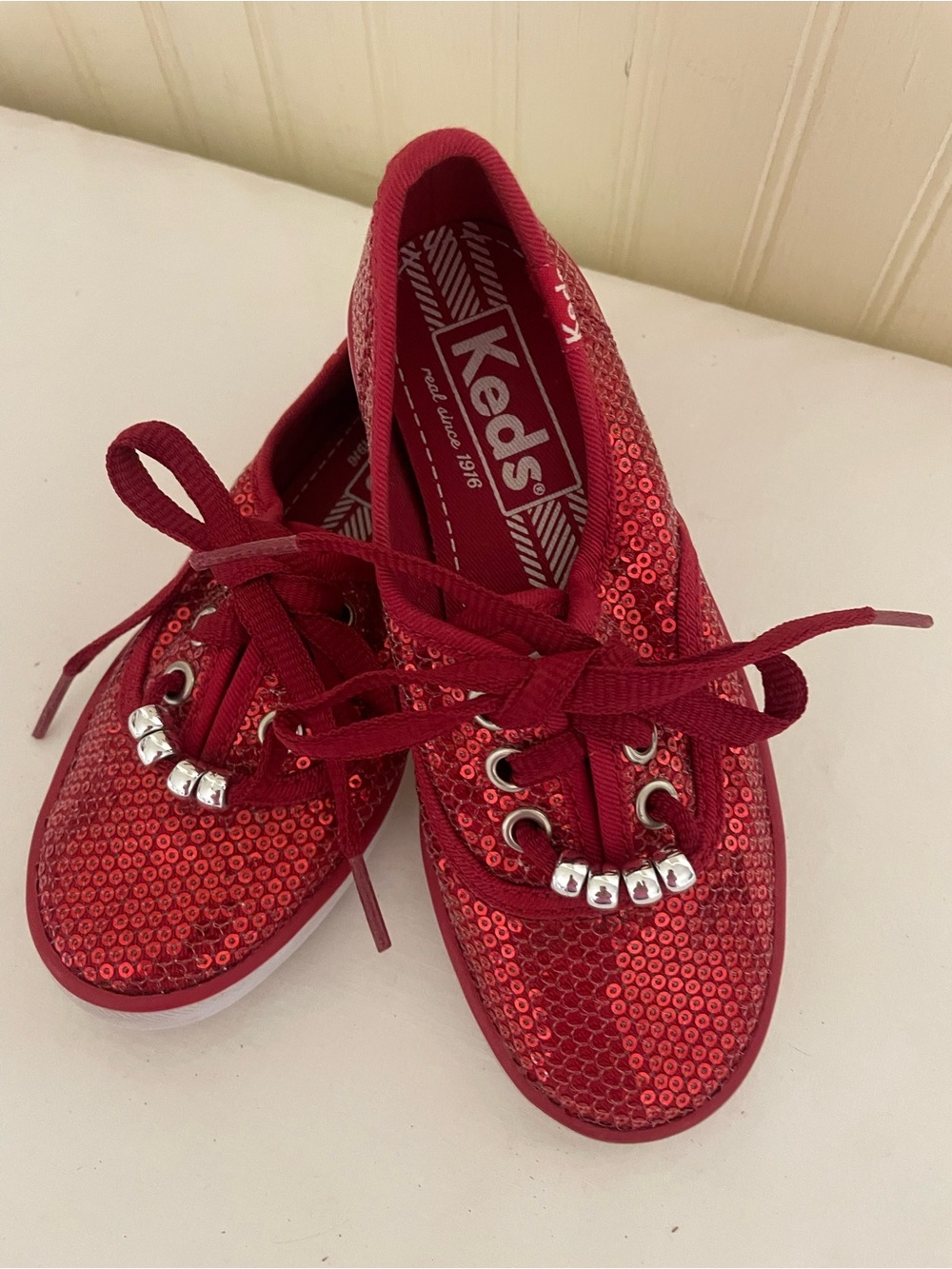 Keds Youth Red Sequin Lace-Up Sneakers with Silver Bead Accents